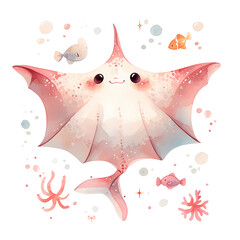 Adorable cartoon stingray swimming in a whimsical underwater scene. Pink, peach, and white color palette.