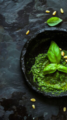 A bowl of freshly blended green pesto with basil, pine nuts, garlic, and parmesan in a dark stone bowl.