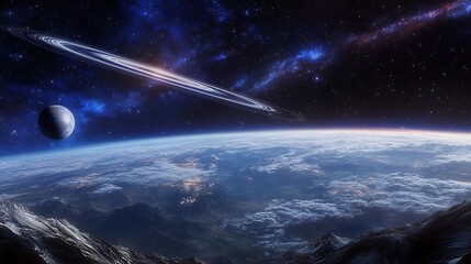Ringed Exoplanet with Moon Ascending Above Cloudy Horizon of Rocky Terrain Celestial Artscape
