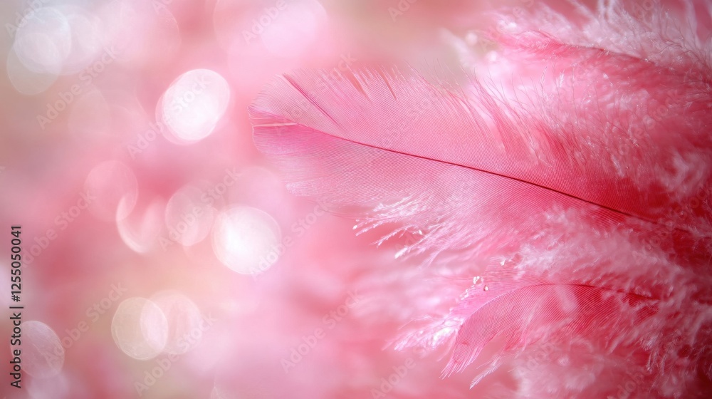 Poster delicate pink feather floating on a dreamy soft bokeh background for gentle designs