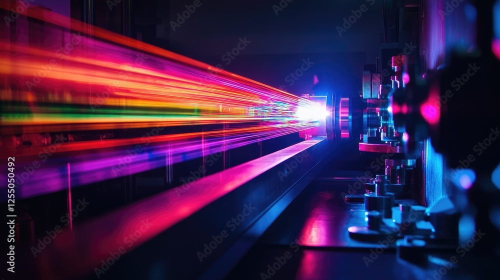 Poster a stunning array of multicolored light beams bursting forth from a high-tech device into a dark envi