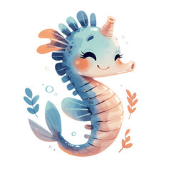 Adorable cartoon seahorse with soft pastel colors, swimming happily amongst ocean plants.