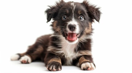 Fototapeta premium Adorable Welsh puppy, tongue out panting, winking playfully, sitting on a white backdrop