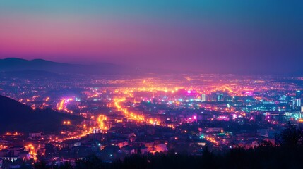 Naklejka premium Night City Lights Illuminate Mountain Valley Skyline