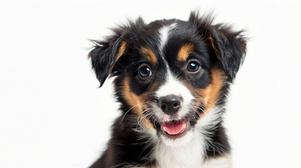 Adorable Welsh puppy, tongue out panting, winking playfully, sitting on a white backdrop