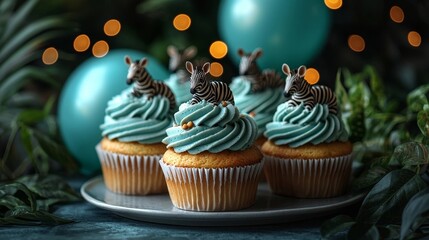 Jungle Safari Themed Birthday Cupcakes with Zebra Stripes and Jungle Animal