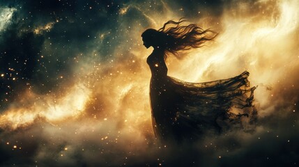 Obraz premium ethereal woman with flowing hair and gossamer gown conjuring swirling luminescent magic cosmic background with stars and nebulae creates a dreamlike atmosphere of wonder and possibility