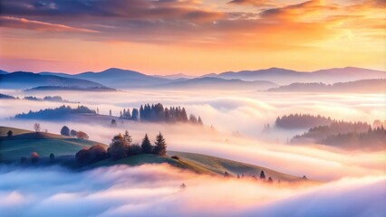 Serene Sunrise Over Misty Mountain Valley, Rolling Hills Enveloped in Soft Morning Fog, Golden Hour Light Illuminates the Landscape