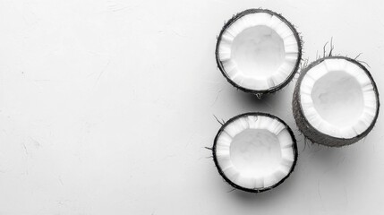 Fototapeta premium Freshly cut coconut half with smooth white flesh, isolated on a white background, ideal for tropical designs