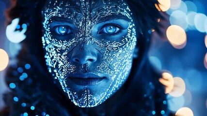 Fantasy animation scene enigmatic gaze. A captivating close-up portrait of a woman with a mesmerizing silver-like pattern covering her face and piercing blue eyes, radiating an air of mystery and othe