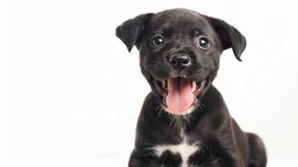 Fototapeta premium Adorable Welsh puppy, tongue out panting, winking playfully, sitting on a white backdrop