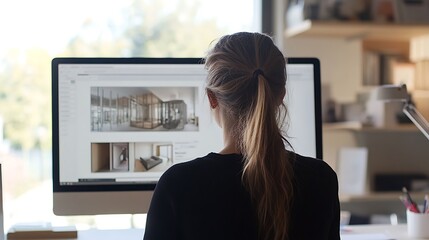 Woman reviewing 3D architectural designs on computer.