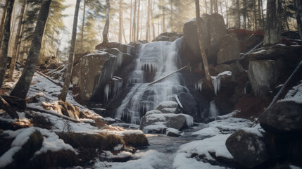 Fototapeta premium Frozen Waterfall in Winter Forest - Winter Wonderland