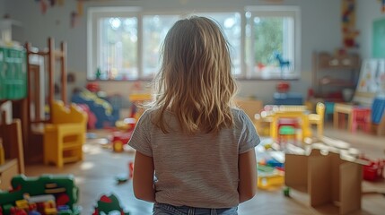 A kindergarten teacher observing a messy playroom after recess