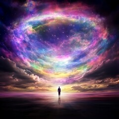 Fototapeta premium Serene Journey Silhouette Walking toward a Colorful Nebula Vortex on Reflective Surface Adventure