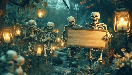 Spooky forest scene  skeletons carrying a coffin with candles and a zombie holding a sign