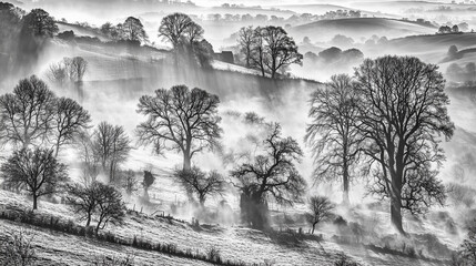 black and white countryside in winter enveloped in fog
