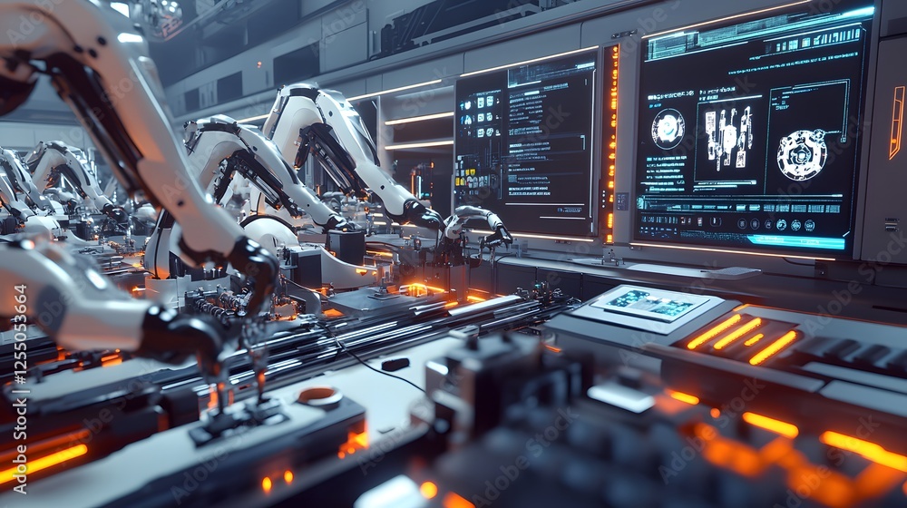 Poster automated robotic assembly line in modern factory