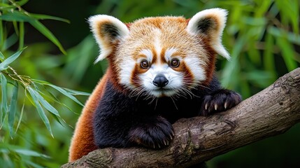 Naklejka premium Red Panda Cub on Branch, Lush Forest Background, Wildlife, Zoo, Cute Animal