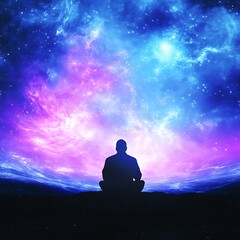 Serene Meditation Silhouette Under the Vast Starry Night Sky Galaxy Solitude and Inner Peace