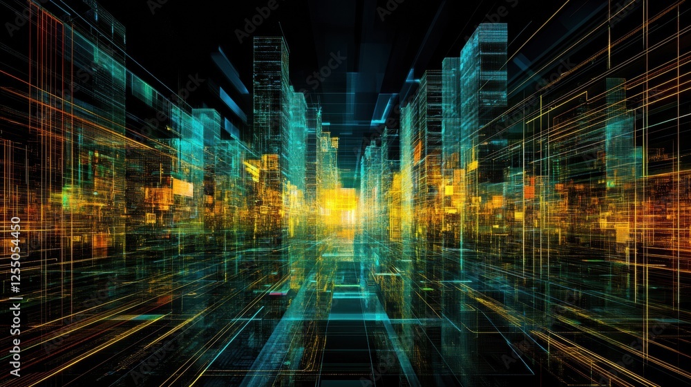 Poster futuristic cityscape featuring vibrant skyscrapers illuminated in a neon glow during twilight hours.