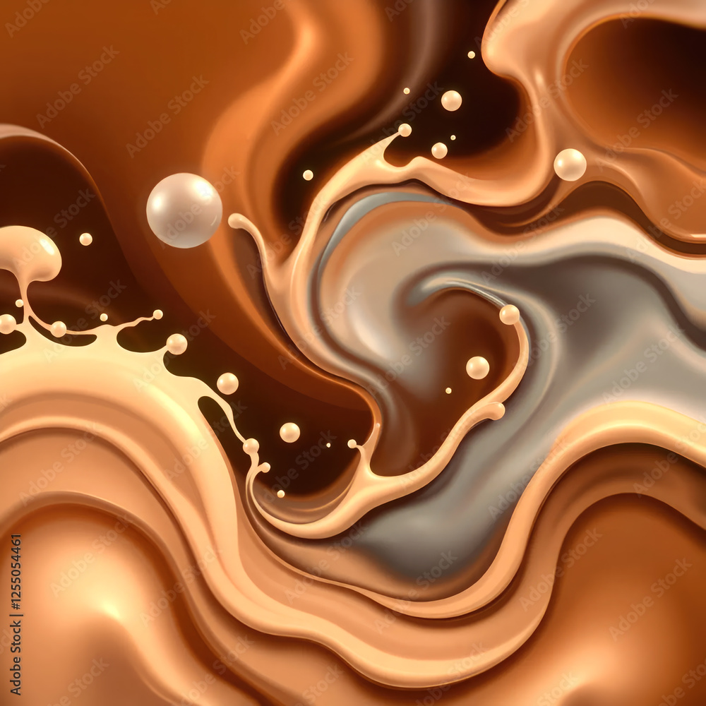 Poster milk and coffee splashes in an abstract illustration that conveys fluidity. creative concept