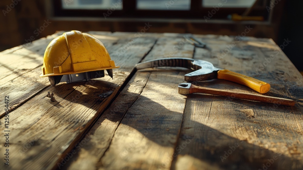 Poster a realistic image of a construction workspace featuring a yellow hardhat and essential tools on an a