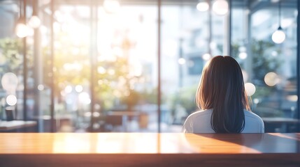 Woman sits at a cafe, looking out a large window at a sunny cityscape.