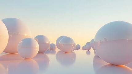 Abstract spheres on a reflective surface at sunrise.  Possible use Background design for a presentation or website