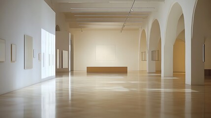 Empty art gallery space, light streaming in, showcasing modern architecture