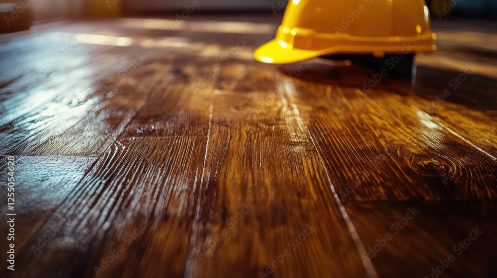 Poster a realistic image of a construction workspace featuring a yellow hardhat and essential tools on an a