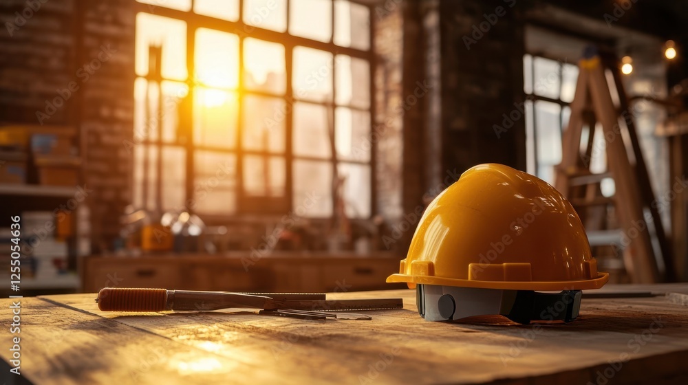 Poster a realistic image of a construction workspace featuring a yellow hardhat and essential tools on an a