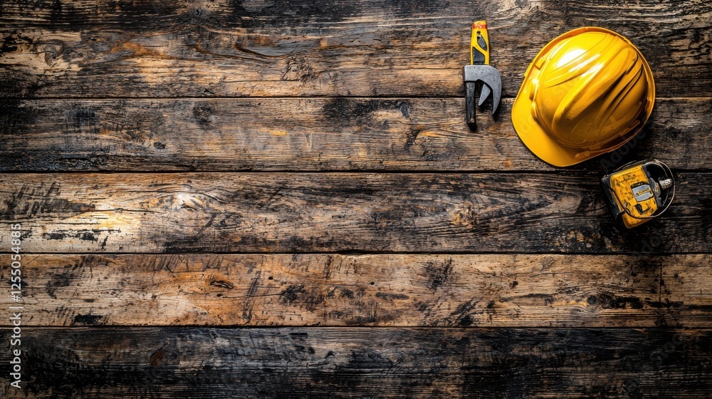 Poster a realistic image of a construction workspace featuring a yellow hardhat and essential tools on an a