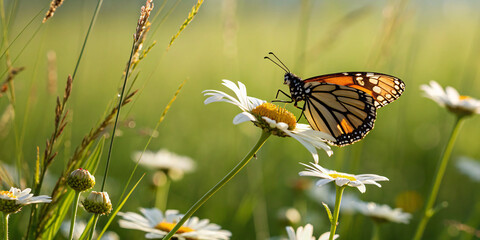 Obraz premium A butterfly perched on a blooming daisy in a sunlit meadow, with a blurred green background