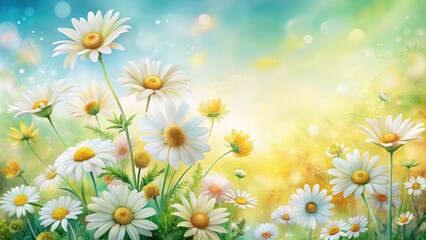 Obraz premium A vibrant depiction of daisies in a sunlit meadow, showcasing their delicate petals and bright yellow centers, against a soft-focus backdrop of pastel hues.