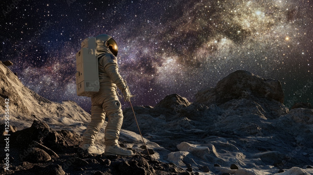 Poster an astronaut tethered to a spacecraft, gazing at the glowing milky way in a hyper-realistic space sc