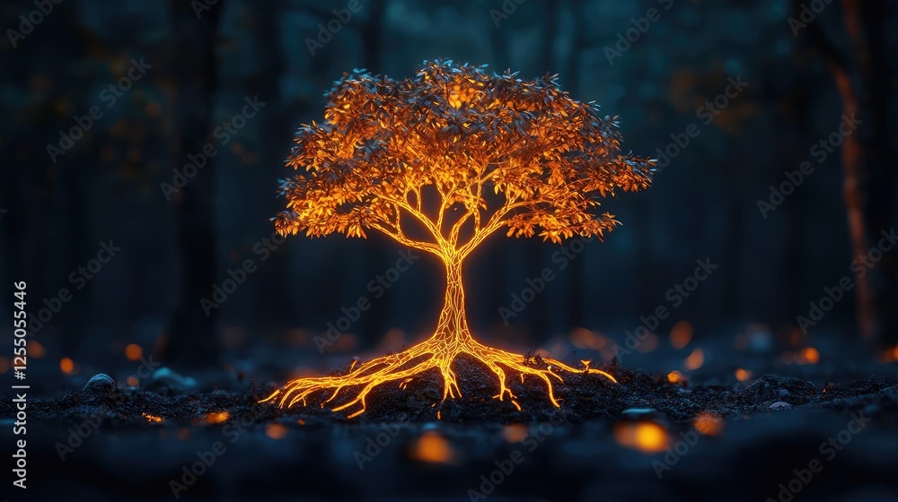 Poster glow forest concept. a glowing tree with vibrant roots in a mystical dark forest setting.