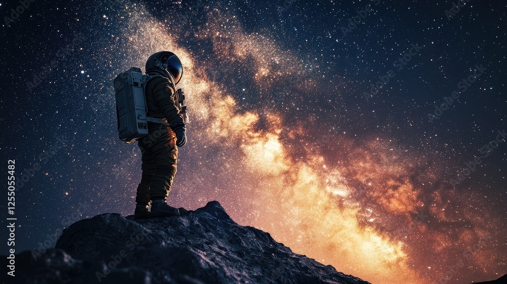 Poster an astronaut tethered to a spacecraft, gazing at the glowing milky way in a hyper-realistic space sc