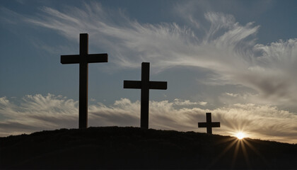 Rustic wooden crosses silhouetted against a dramatic sunset sky on Good Friday