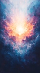 Fototapeta premium Ethereal abstract sky with soft gradients of lavender blue and peach fading into glowing white light