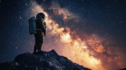 Obraz premium An astronaut tethered to a spacecraft, gazing at the glowing Milky Way in a hyper-realistic space scene.