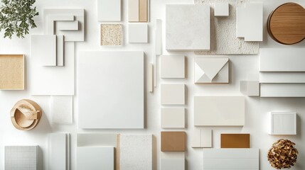 Architect and interior designer moodboard in white and gold color palette. Material samples and paint samples. Top view. Copy space. Template.