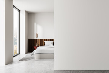 Modern bedroom interior with blank wall for poster or design display. 3D Rendering