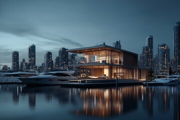 Fototapeta premium Stunning twilight view of vancouver s skyline with yachts and urban architecture reflected in water