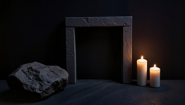 Minimalistic dark stone tomb entrance with flickering candles creating a serene ambiance
