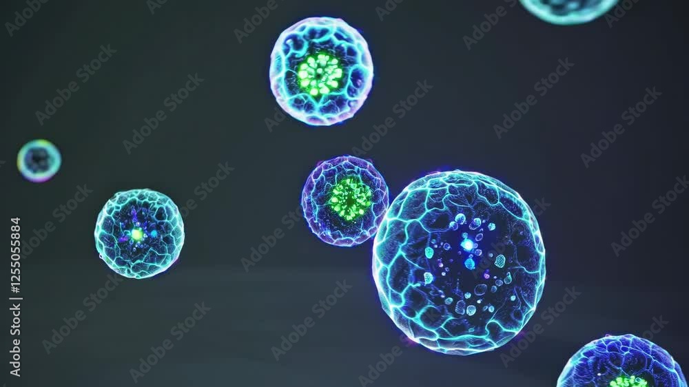 Poster Glowing biological cells with vibrant energy cores, creating a futuristic and microscopic sci-fi atmosphere