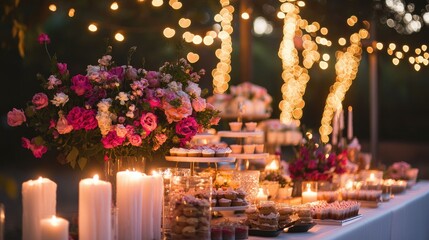 An elegant table adorned with pink floral arrangements, candles, and a selection of desserts, illuminated by heart-shaped string lights.