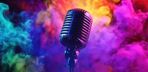 Retro microphone in vibrant colorful smoke.