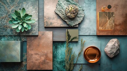 make some moodboards including bronze materials, with glass and stones and woods and green matching with bronze and copper,
