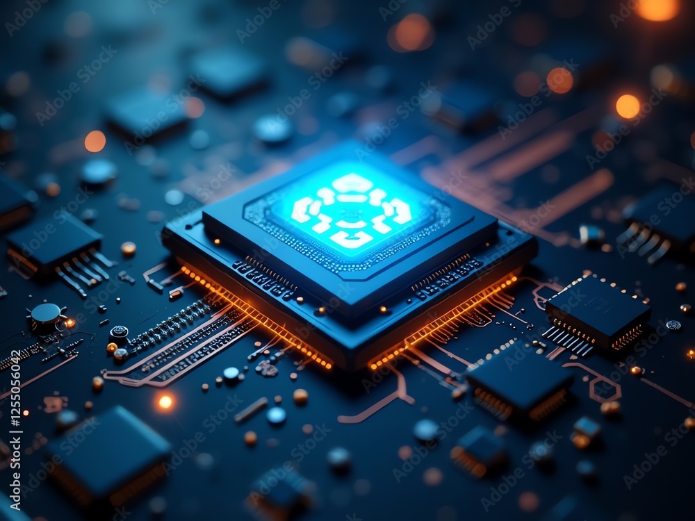 Poster a high-tech ai chip glowing inside a metallic frame, set against a dark background with a soft glow